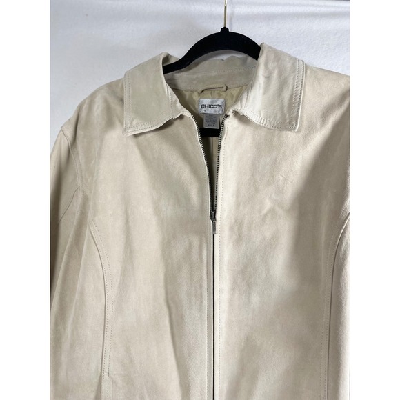 Chicos Size 3 - XL Beige Leather Jacket Collared Full Zip Pocket Front Women - Picture 13 of 14